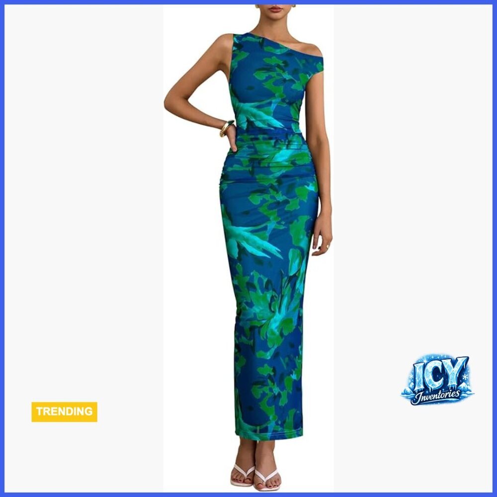 One Shoulder Ruched Mesh Bodycon Maxi Dress with Lining